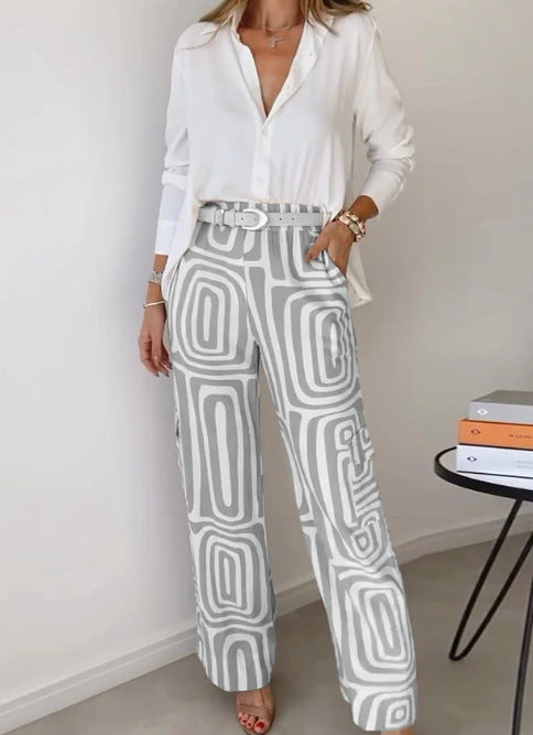 Ensemble chemise décontractée à manches longues et revers pour femme et pantalon ample imprimé