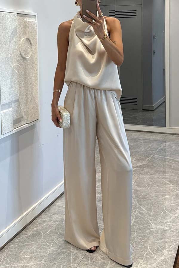 Ensemble deux pièces sans manches en satin avec pantalon ample pour femme