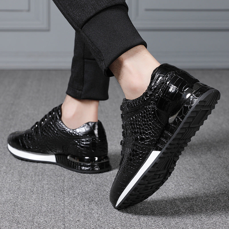 Baskets Rétro Noires Homme en Cuir de Crocodile Lacets Semelle Caoutchouc