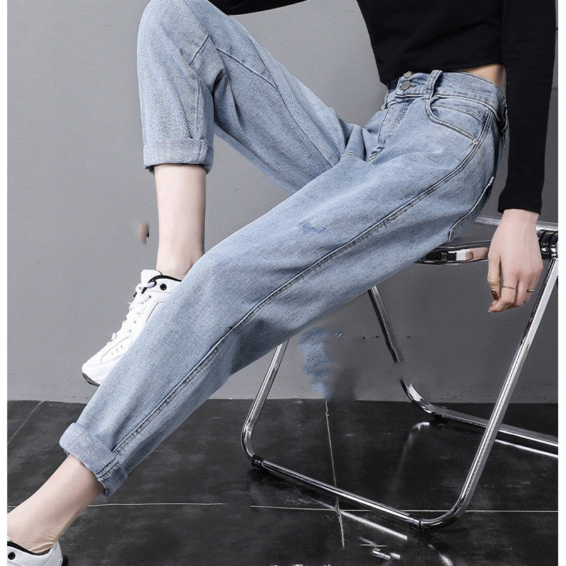 Pantalon carotte droit ample en jean bleu clair taille haute