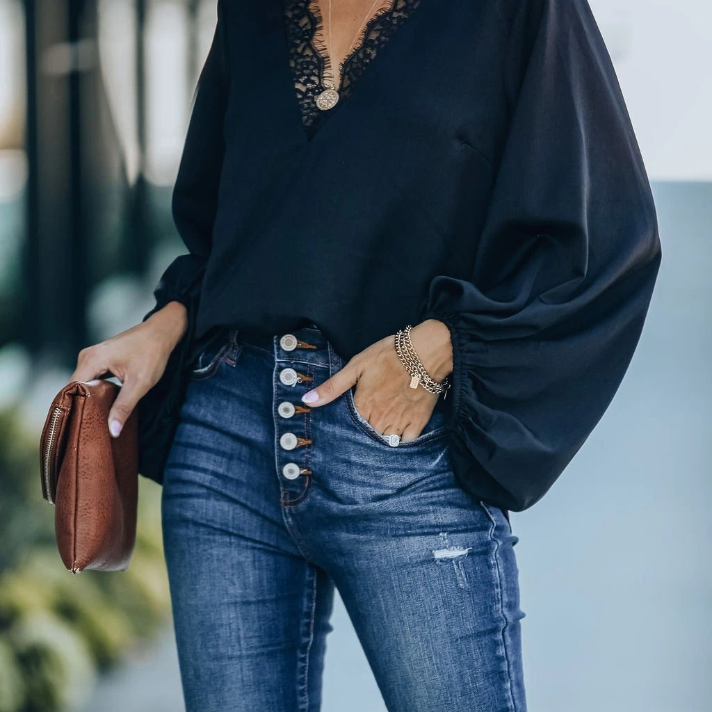 Solid Color V-Neck Long Sleeve Pullover Top