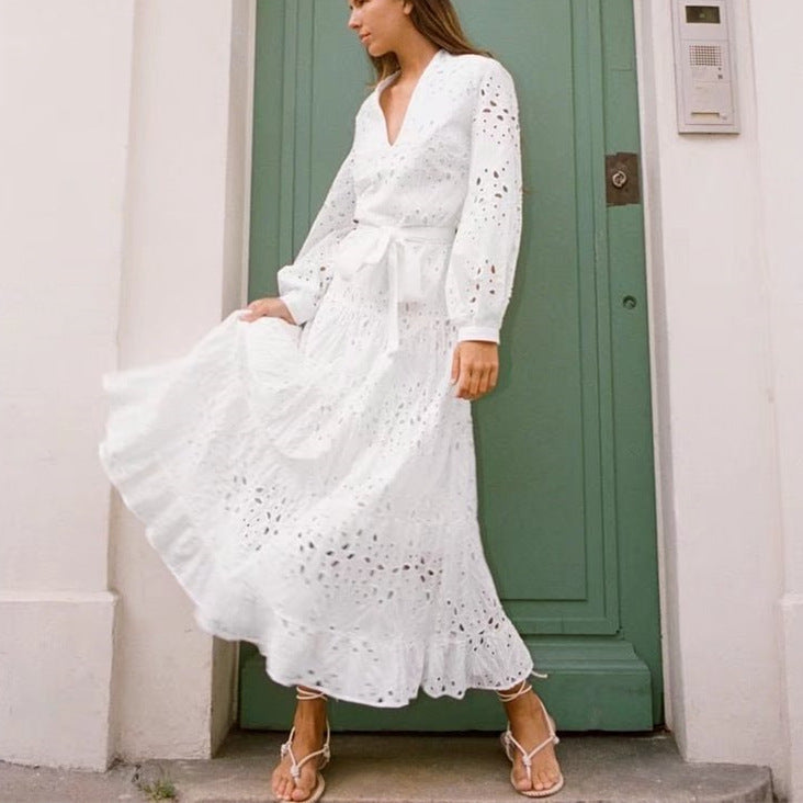 European & American White Cotton Embroidered Midi Dress with Long Sleeves and V-Neck