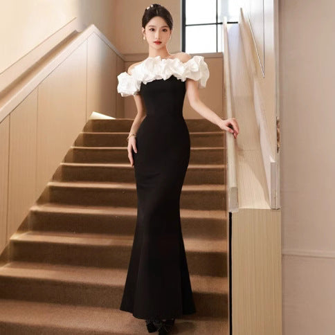 Robe de soirée française pour femmes, style épaules dénudées, en noir et rouge, tailles S-2XL