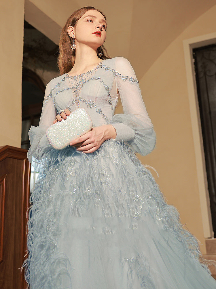 Women's Fashion Dinner Dress with Zipper in Thai Milk Blue