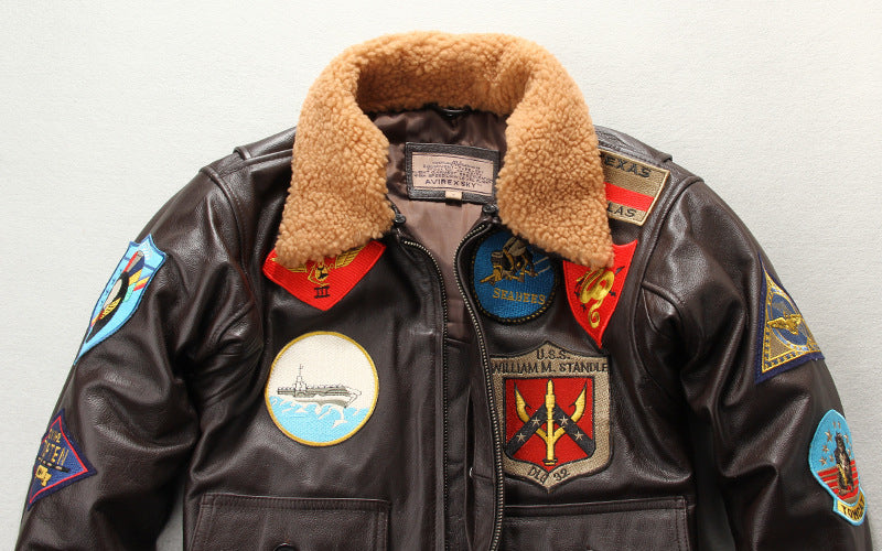 Blouson de moto court en cuir de vachette brodé pour homme