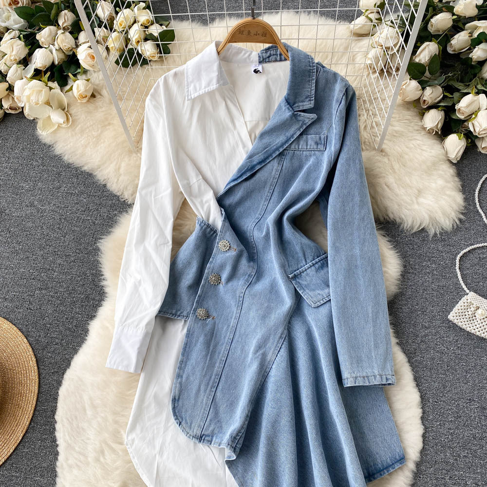Irregular Stitching Denim Dress with Long Sleeves