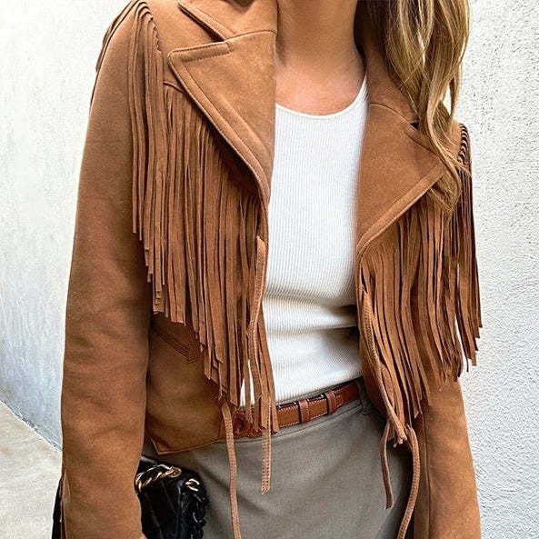 Veste courte de moto en daim peau de mouton cuir véritable à pompon