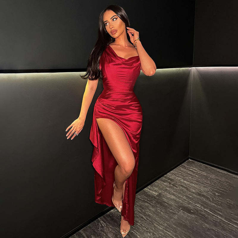 Women's Satin High Waist Slit Dress in Black, Red & Blue