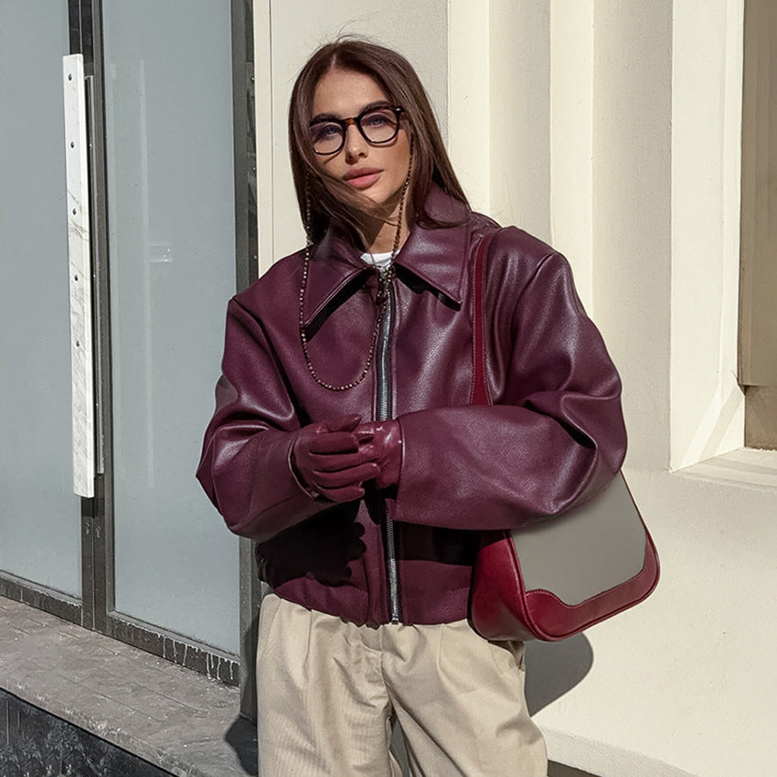 Wine Red Retro Biker Style Matte Leather Jacket Coat