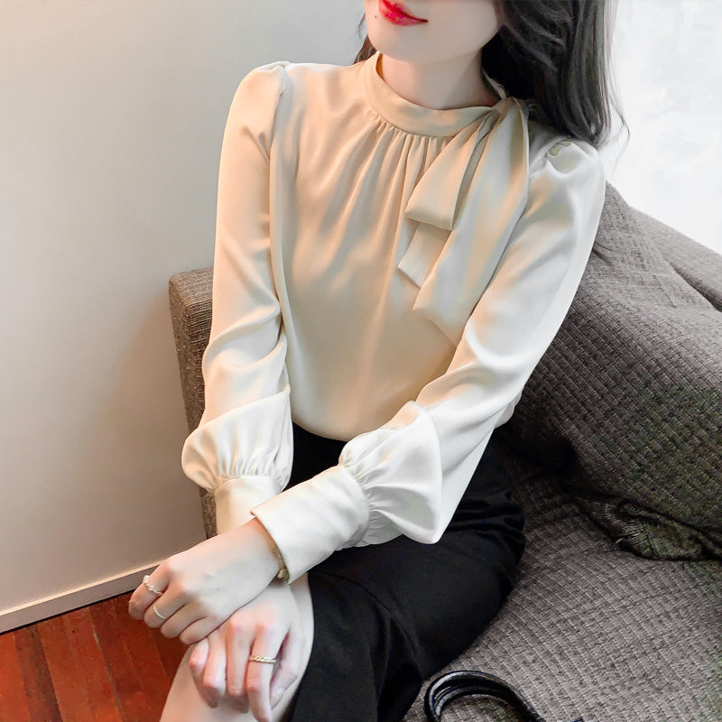 Autumn Satin Shirt Bow Tie-up Top