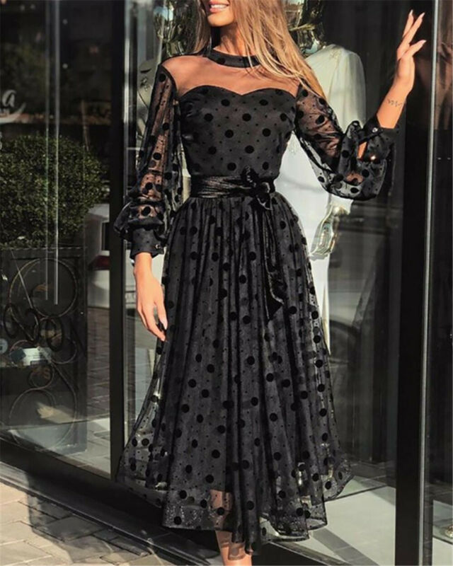 Black Polka Dot Mesh Lantern Sleeve Dress
