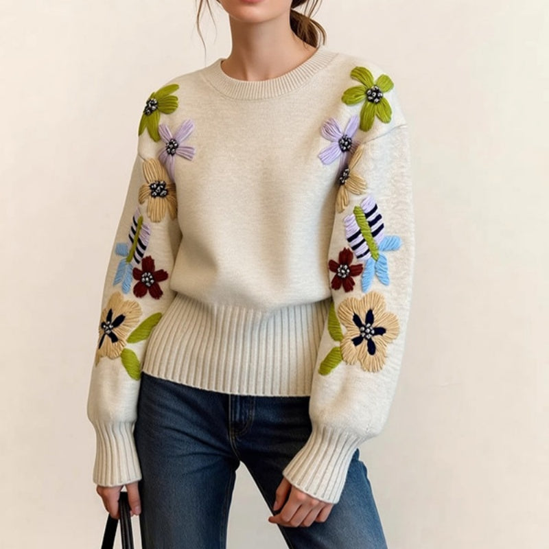 Vintage Loose Knit Sweater with Floral Embroidery - Off-White, Long Sleeve, Women’s S-XL