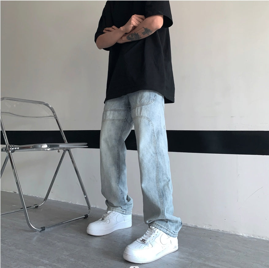 3D Washed Blue Denim High Waist Straight Jeans Trousers
