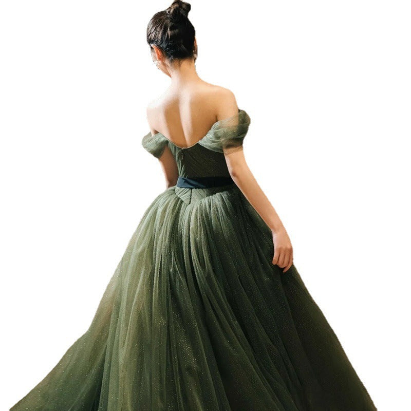 Robe de soirée verte à épaules dénudées sans manches en polyester