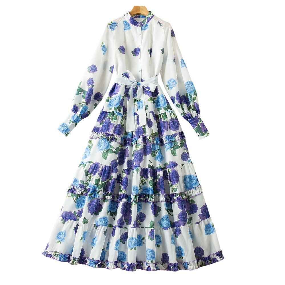 Stand Collar Long Sleeve Floral Lace-Up Cotton Blend Dress