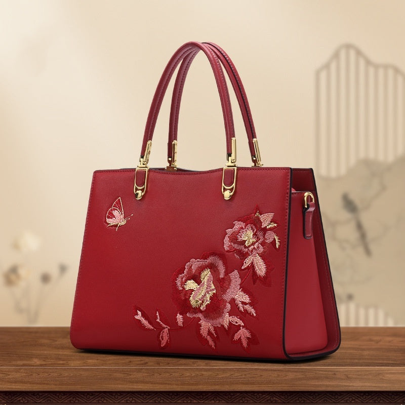 Butterfly Embroidered Large Capacity Leather Diana Bag