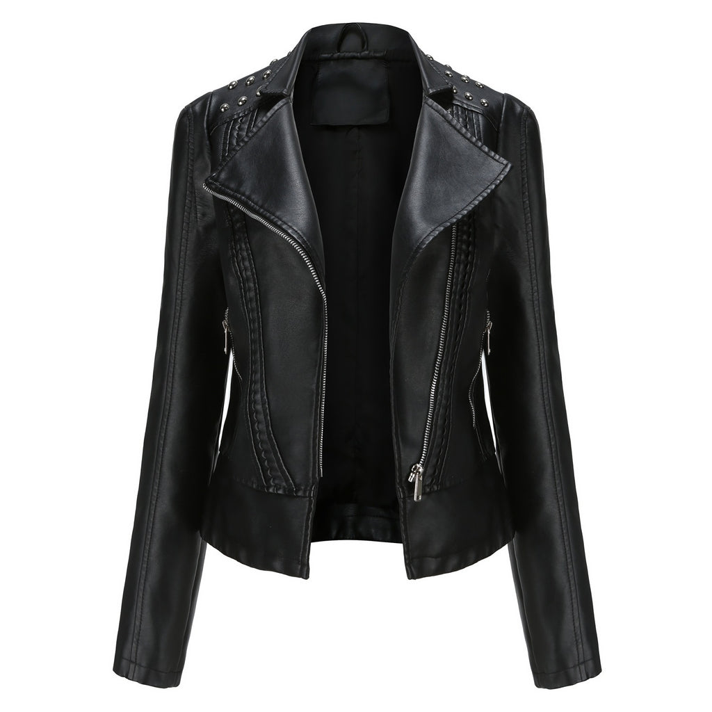 Beaded Leather Women's Long-Sleeve Lapel Motorcycle Jacket Thin Fashion Coat