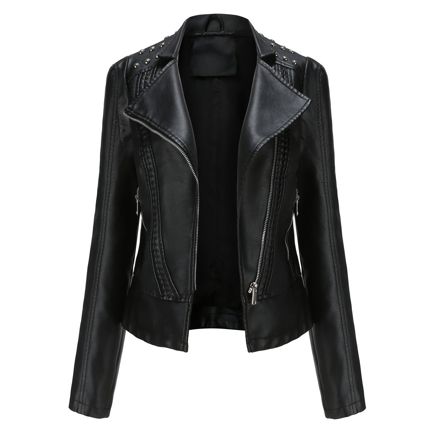 Beaded Leather Women's Long-Sleeve Lapel Motorcycle Jacket Thin Fashion Coat
