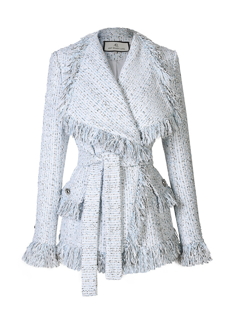 Veste en laine à franges pour femme à grand revers, coupe ajustée