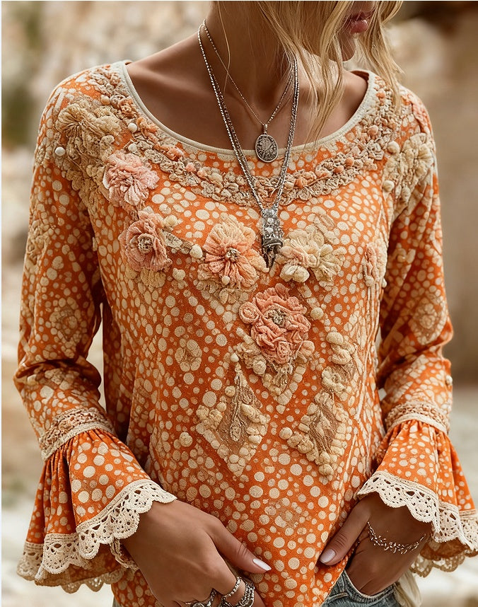 Women's Bohemian Style V-Neck Long Sleeve Shirt - Loose Printed Top