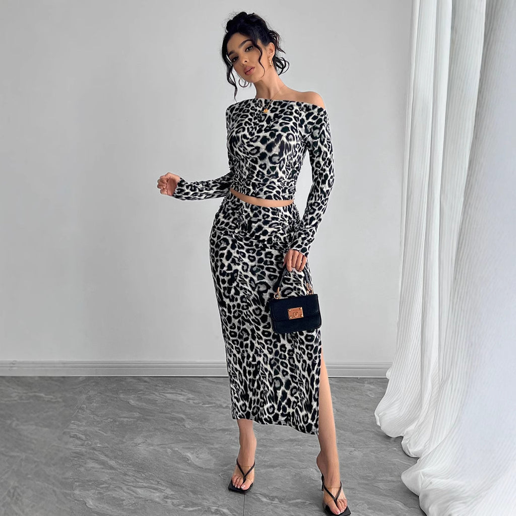 Leopard Print Two-Piece Fitted Maxi Dress Suit in Gray