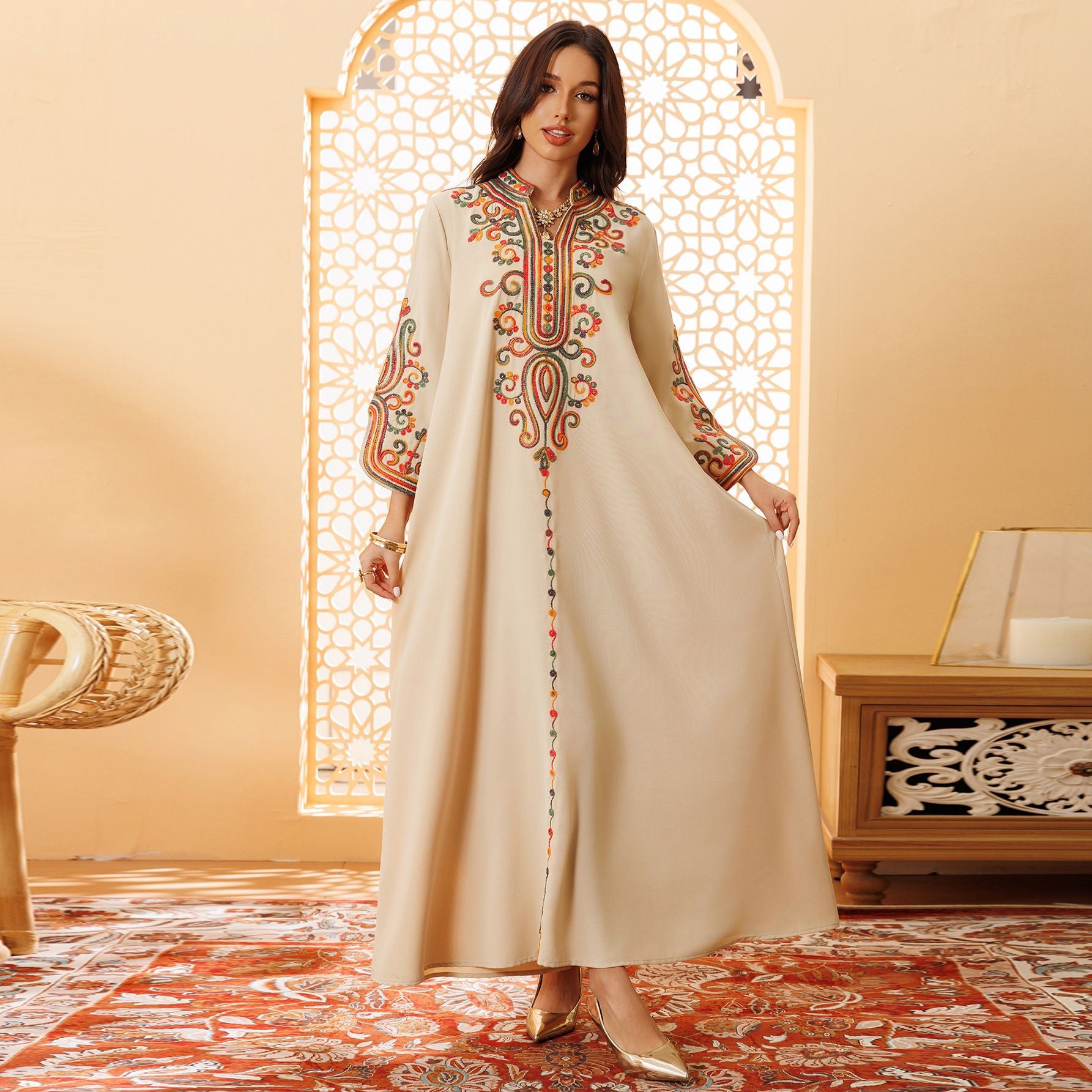 Robe longue en polyester à manches longues et corde brodée automne-hiver
