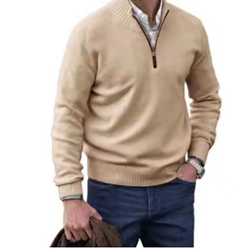 Men's Pullover Zipper Sweater Stand Collar Knitted Casual Solid Color Top