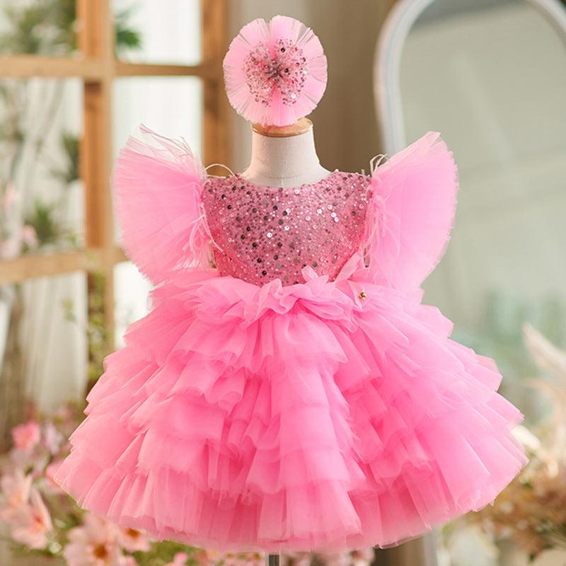 Girls' Pink Sequined Princess Dress with Headband - Sizes 80-160cm