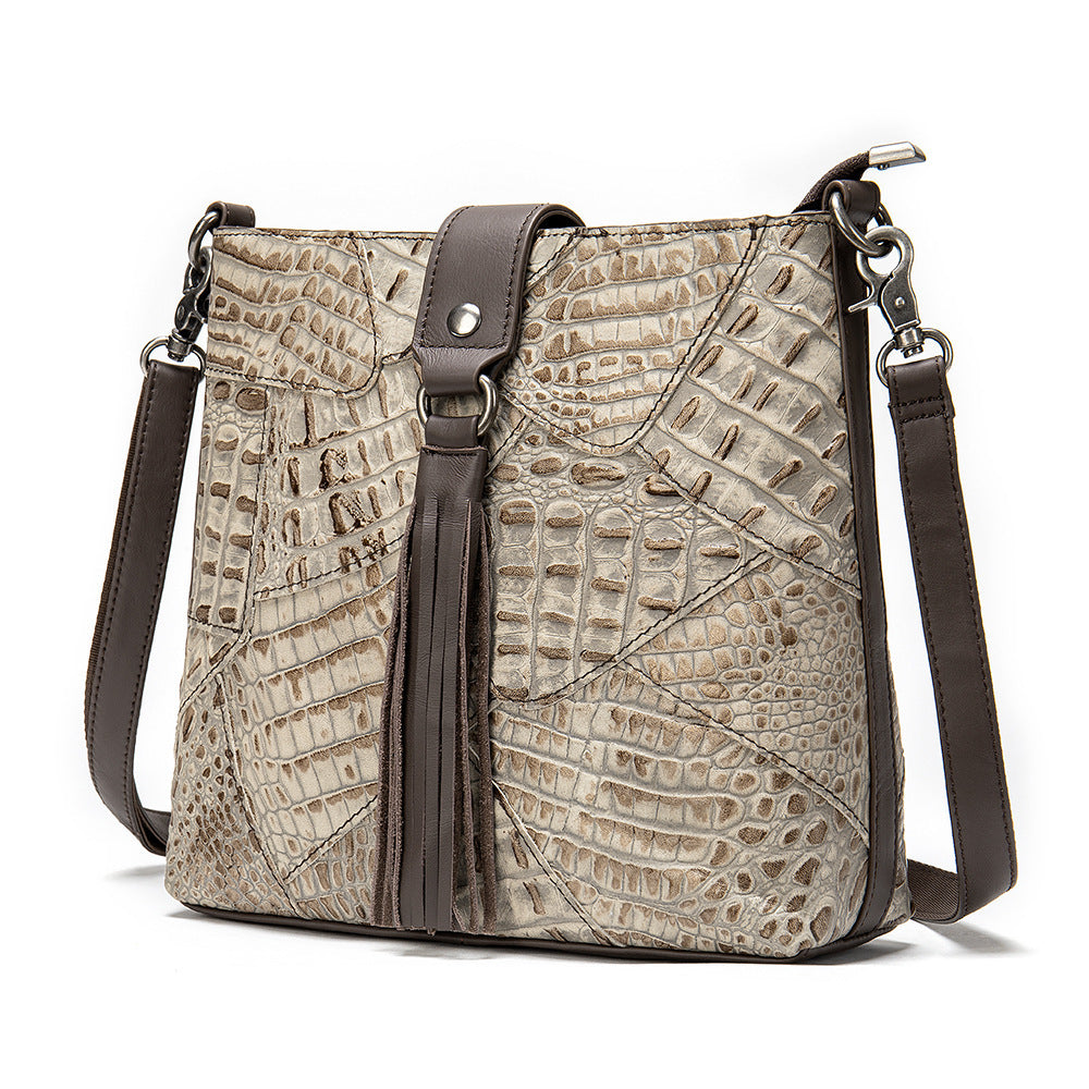 Top Layer Cowhide Square Tassel Color Block Shoulder Bag 23.5x7.5x23cm
