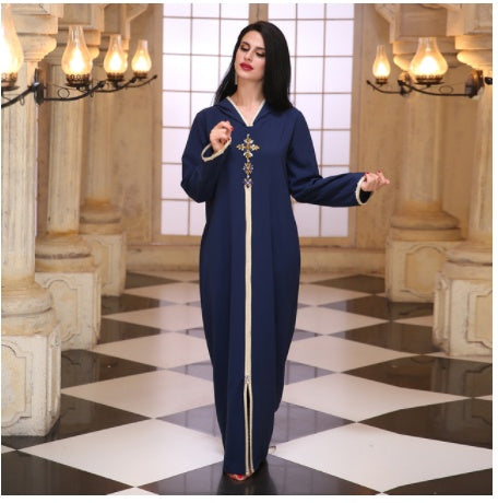 Pure Color Beaded Brick Middle Eastern Robe Dress Hooded Dress