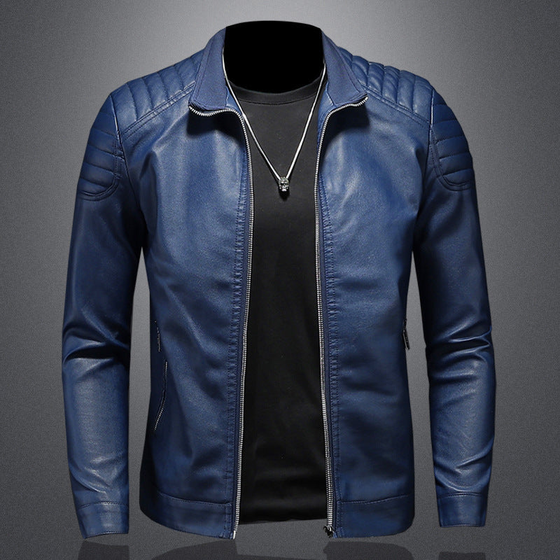Men's Thin Leather Motorcycle Jacket with Stand Collar and Zipper Front