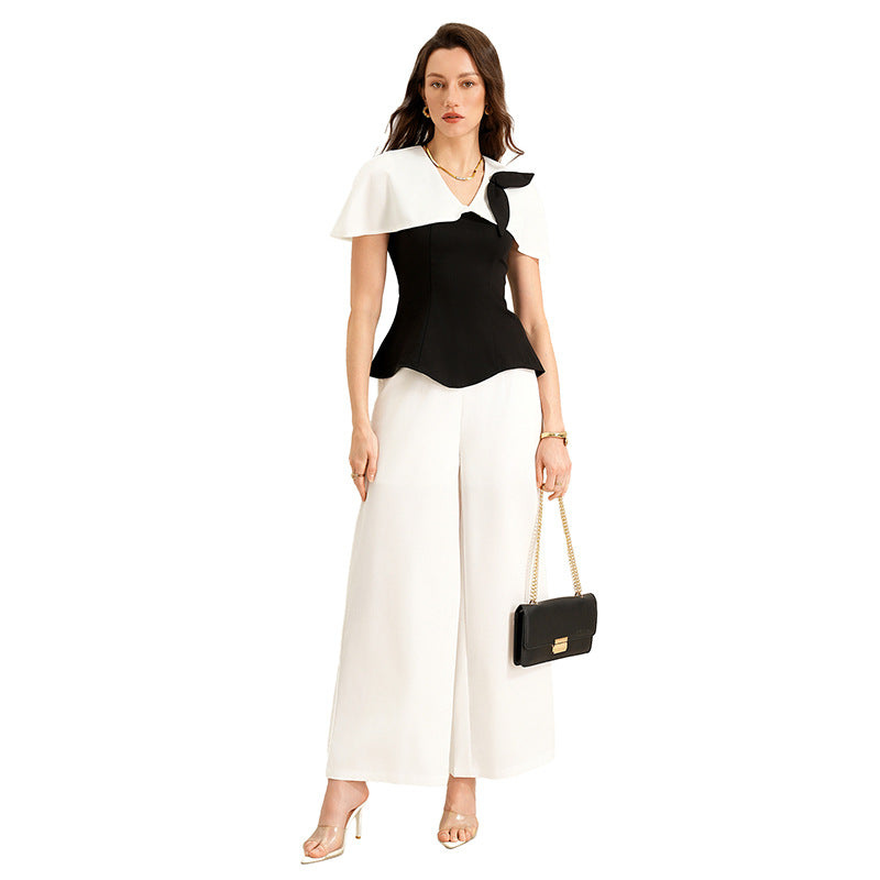 Elegant Commuter Black-and-White Color-Block Shirt Set