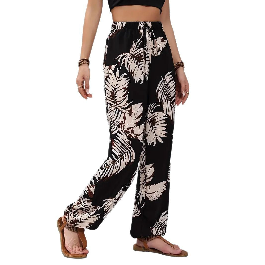 Leaf Pattern Waist Thin Belt Casual Black Polyester Trousers