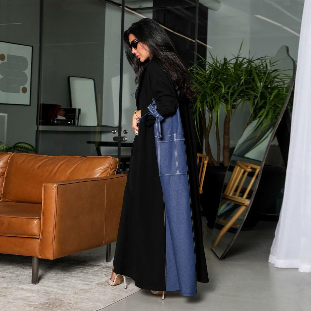 روب كارديجان نسائي أزرق من البوليستر بتصميم الدنيم الصناعي من الشرق الأوسط