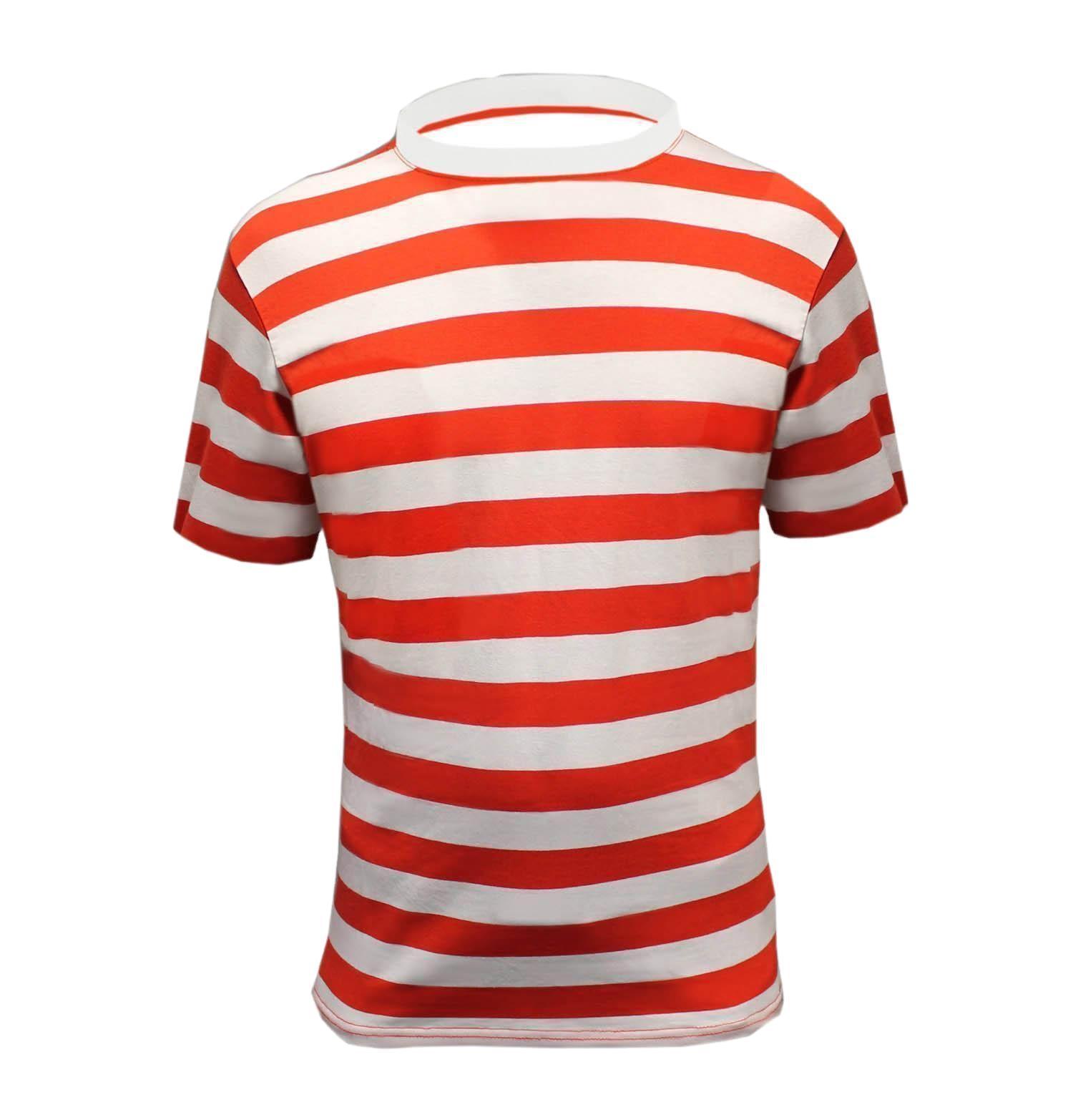 T-Shirt Homme Col Rond Manches Courtes Rouge Rayé en Coton Mélangé Coupe Ajustée