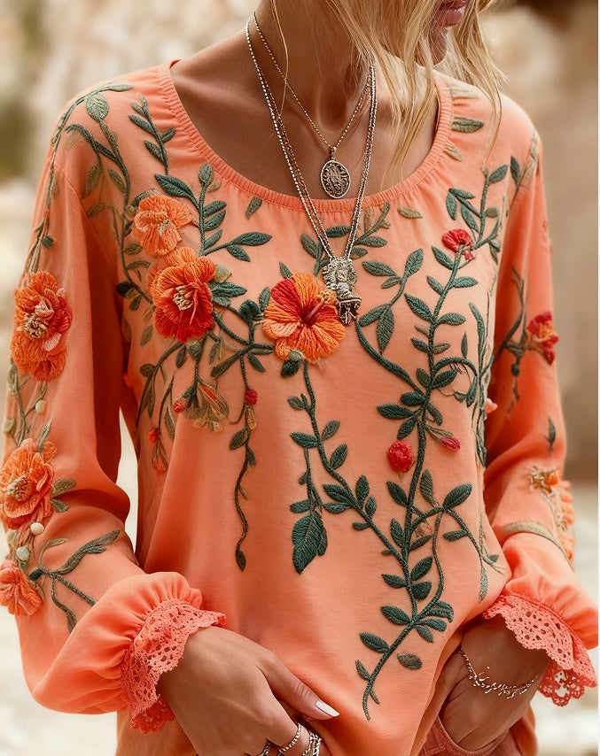 Women's Bohemian Style V-Neck Long Sleeve Shirt - Loose Printed Top