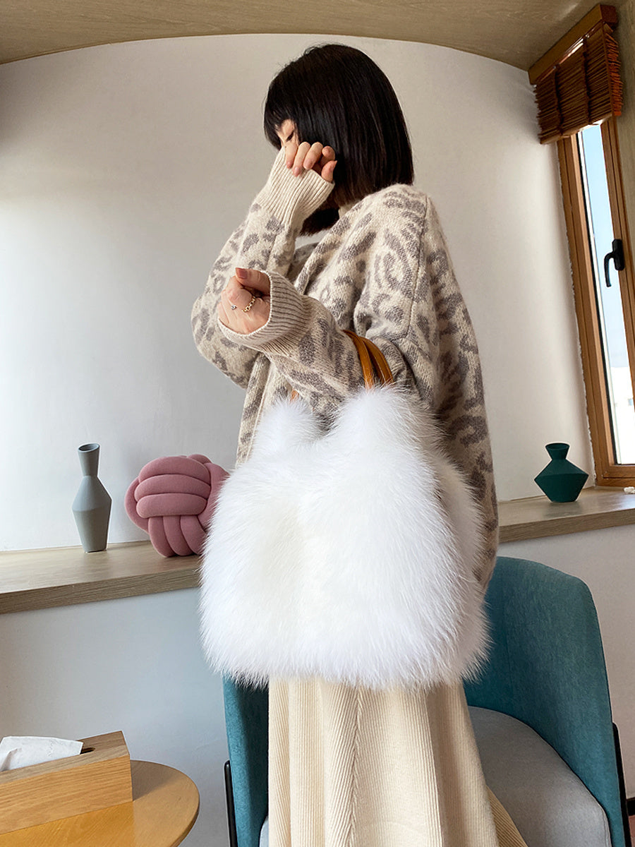 Sac à main et à bandoulière en fourrure de renard pour femme 30 cm x 23 cm