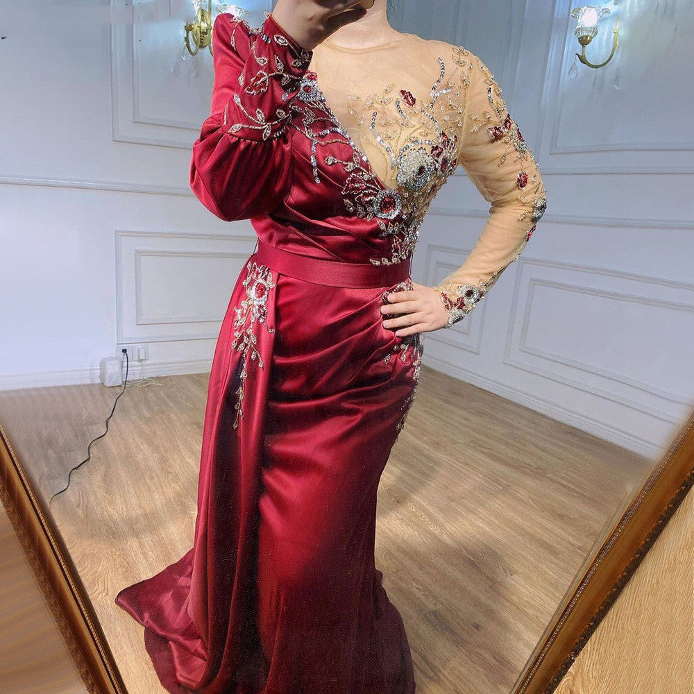 Robe Col Rond Satinée Slim Fit Rouge Lie de Vin