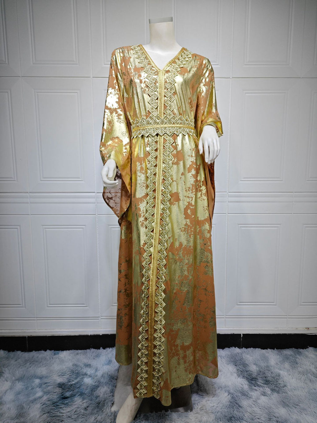 Muslim Chiffon Bronzing Long Sleeve Robe with Belt Dress