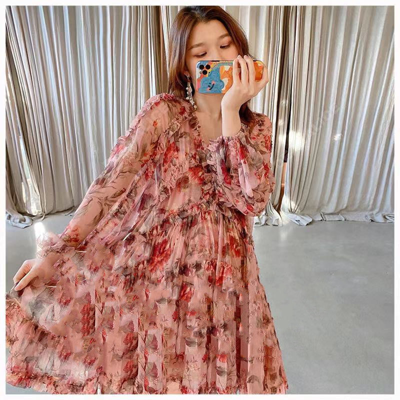 Contrasting Print Floral Panel Long Sleeve Nipped Waist Lantern Sleeve Dress