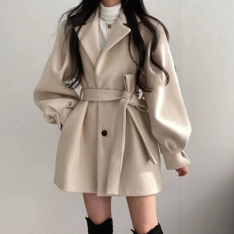 Women's Loose Woolen Coat with Suit Collar Mid-Length Small Wool Jacket
