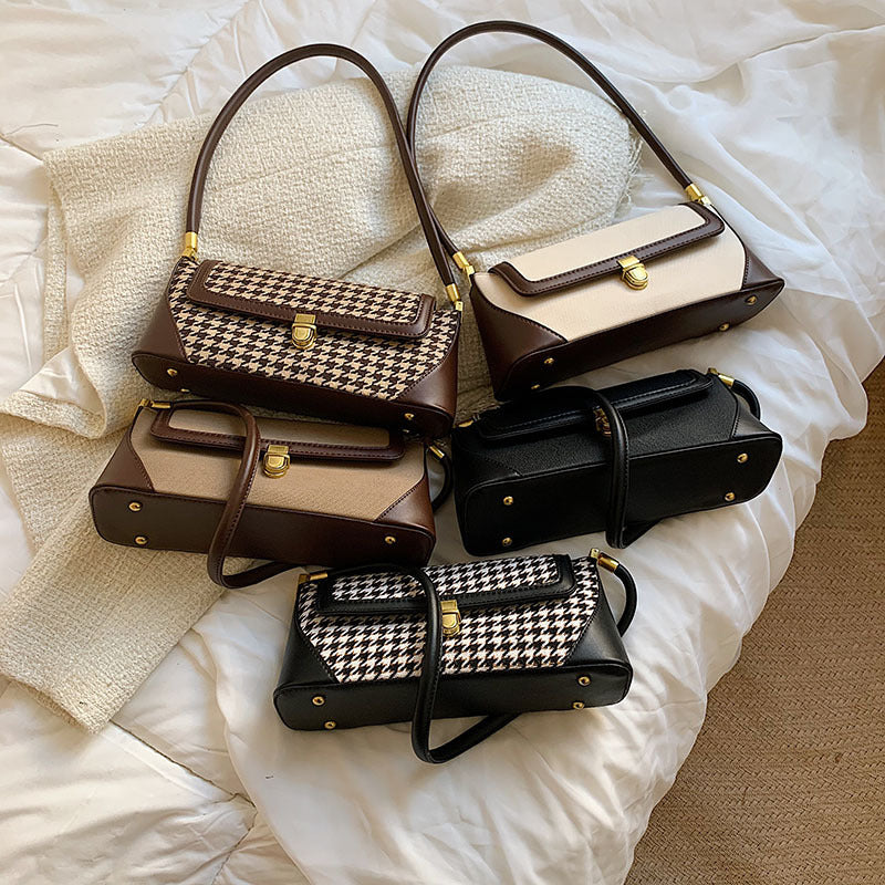 Frosted Color Matching Houndstooth Fashion Baguette Bag for Women