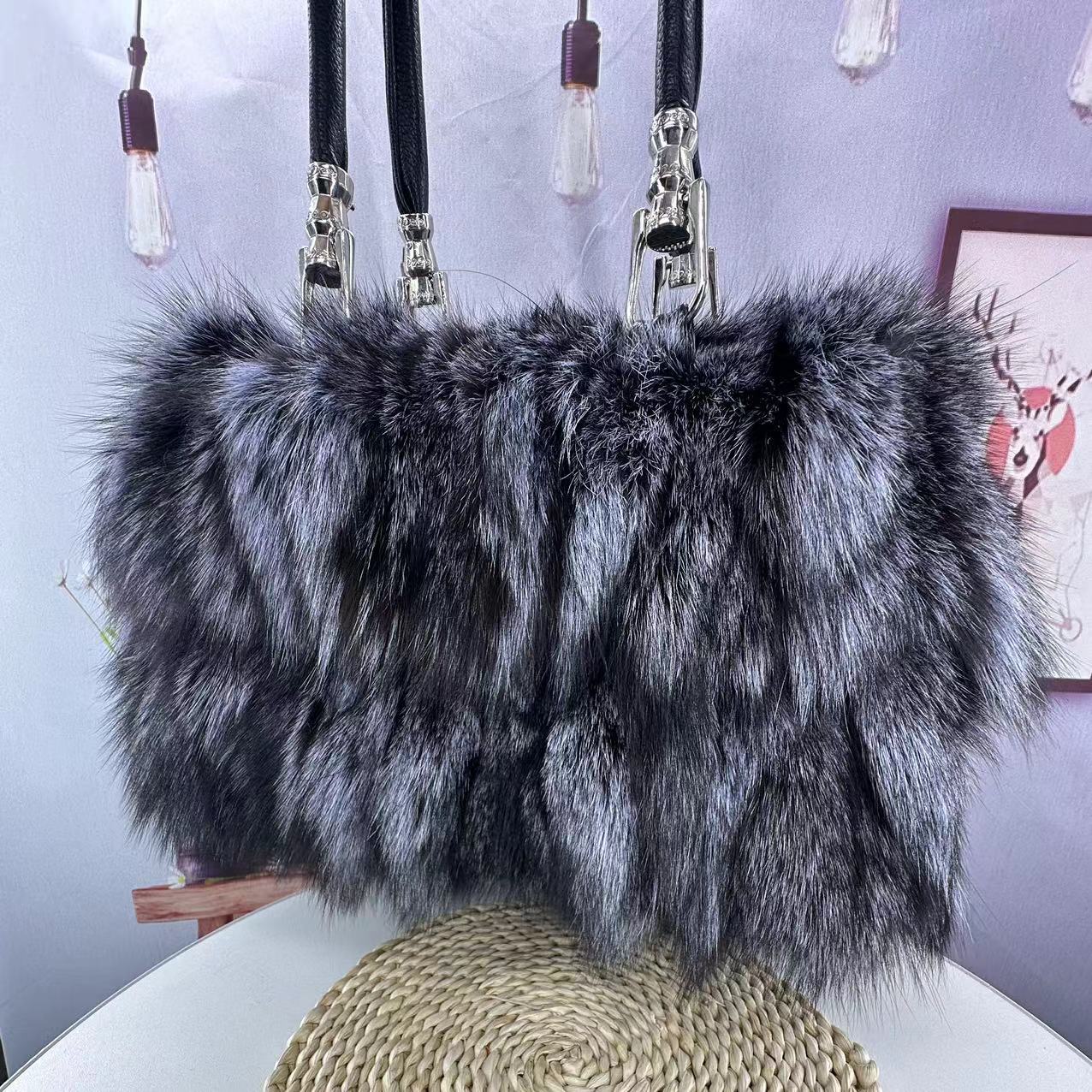 Silver Fox Fur Portable Shoulder Messenger Bag 30cm