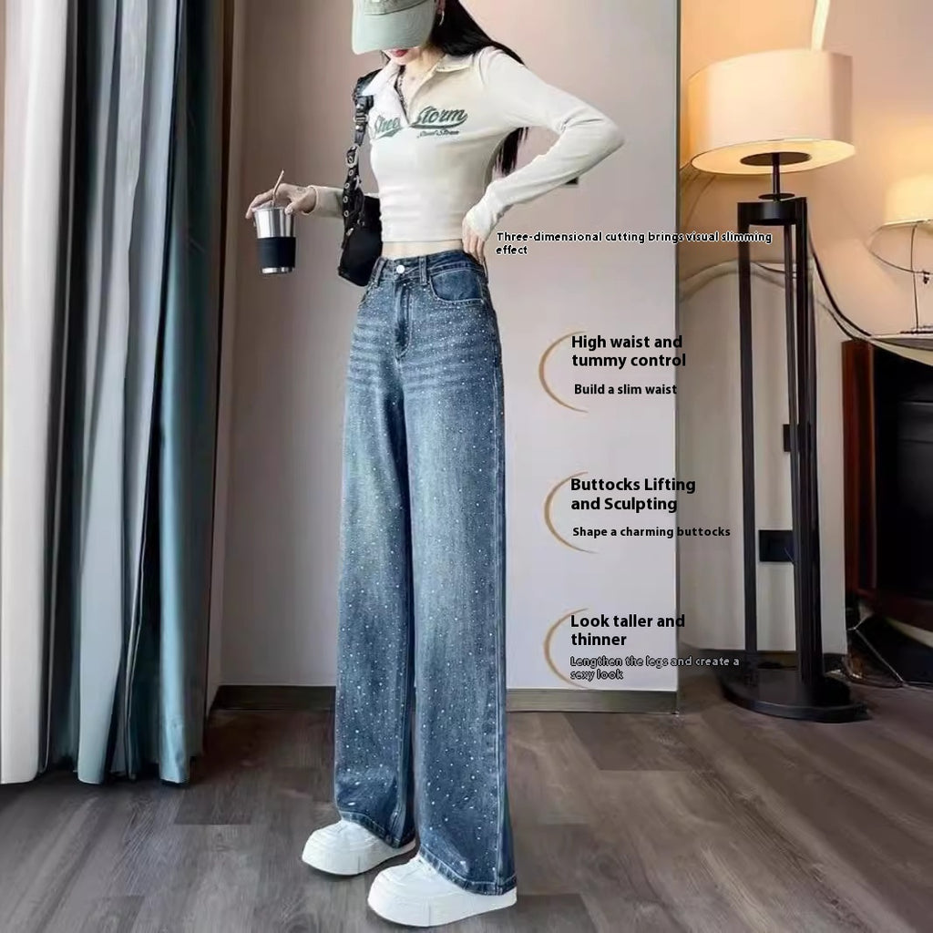 Jean en denim taille haute à jambes larges avec strass