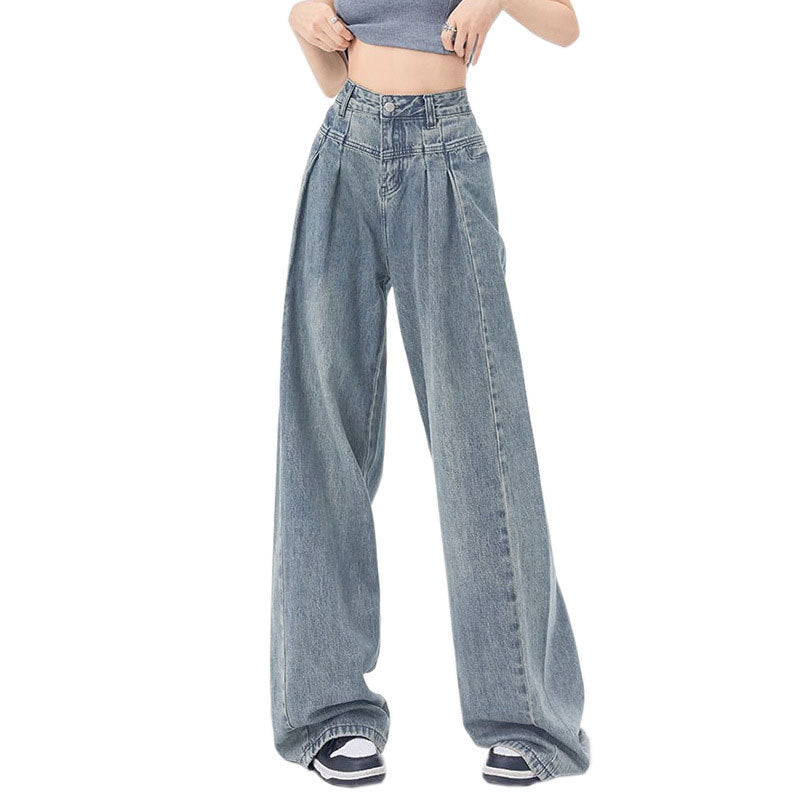 High Waist Pleated Wide Leg Loose Cotton Denim Jeans for Women