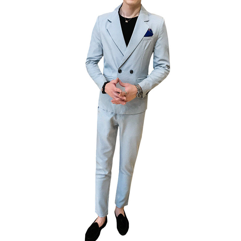 Slim-Fit Double-Breasted Two-Piece Suit in Khaki, Light & Dark Gray