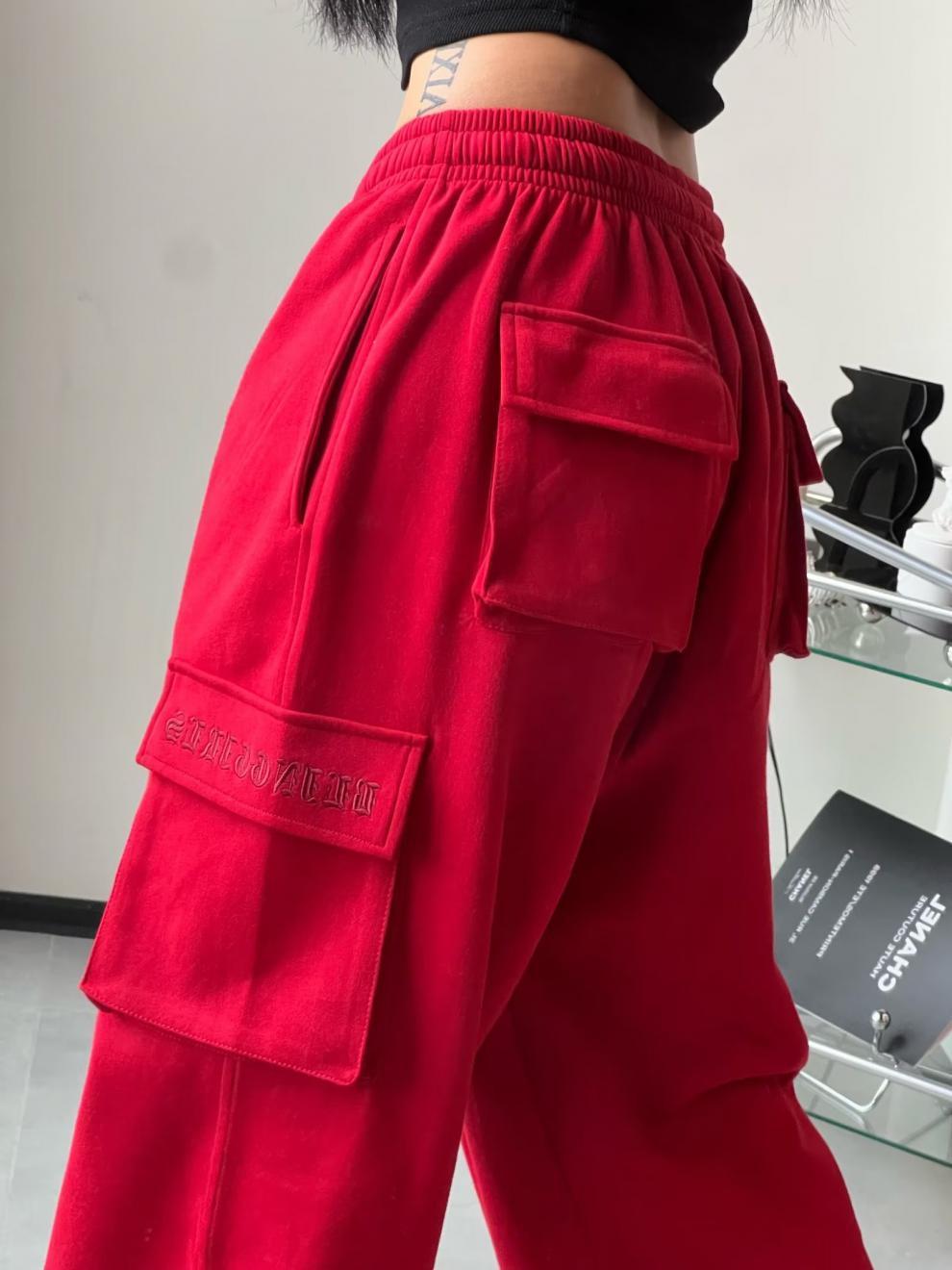 Women's Red High Waist Wide-Leg Pants with Pockets S-2XL