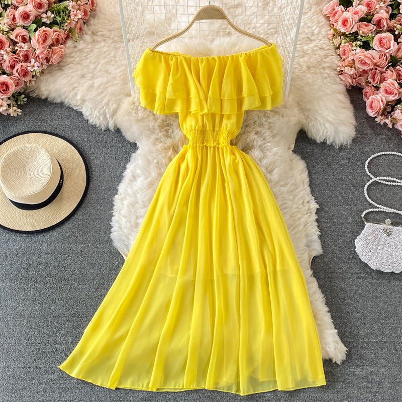 Robe trapèze en mousseline volantée à épaules dénudées, taille unique, plusieurs coloris