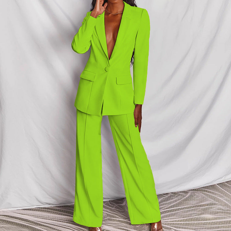 Ensemble blazer décontracté à revers et boutons et pantalon droit pour femme (2 pièces)