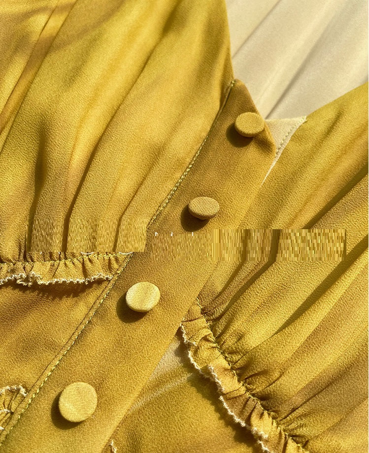 V-Neck Long Sleeve A-Line Chiffon Skirt with Waistband